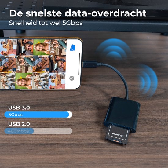 Lecteur de carte SD Nuvance - USB-C - Avec convertisseurs USB et 8 broches - Lecteur de carte mémoire Micro SD - Zwart