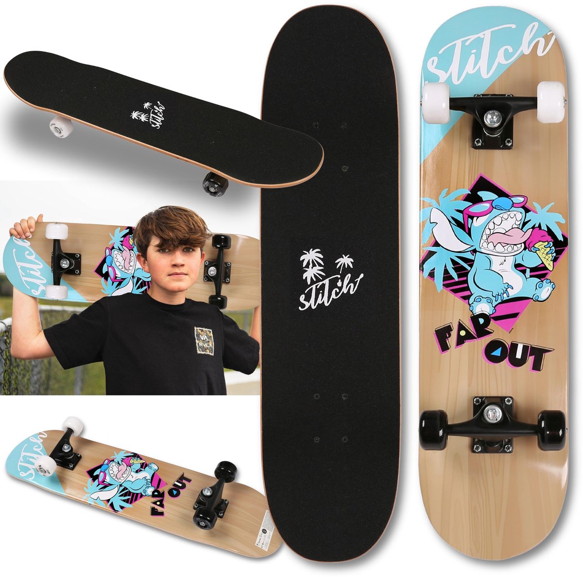 Stitch DISNEY Houten skateboard voor kinderen 79 cm antislip GROOT lichtgewicht en stabiel tot 100 kg. Zwart