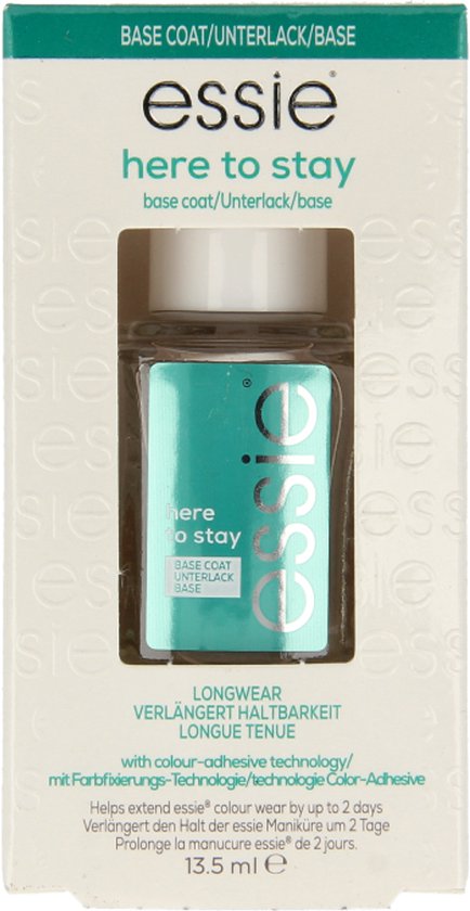 Essie here to stay base coat in verpakking, met lange houdbaarheid en kleeftechnologie.