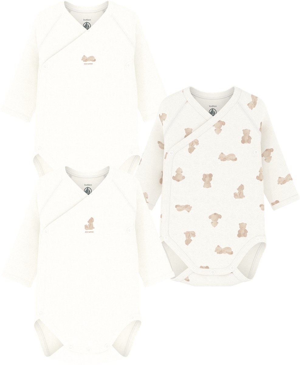 Petit Bateau Set van katoenen babybody's met lange mouwen en print Unisex Rompertje - Wit/Bruin + Wit/Bruin + Wit/Bruin