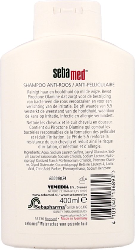 Achterkant van witte Sebamed Anti-Roos Shampoo / Anti-Pelliculaire fles, 400 ml.