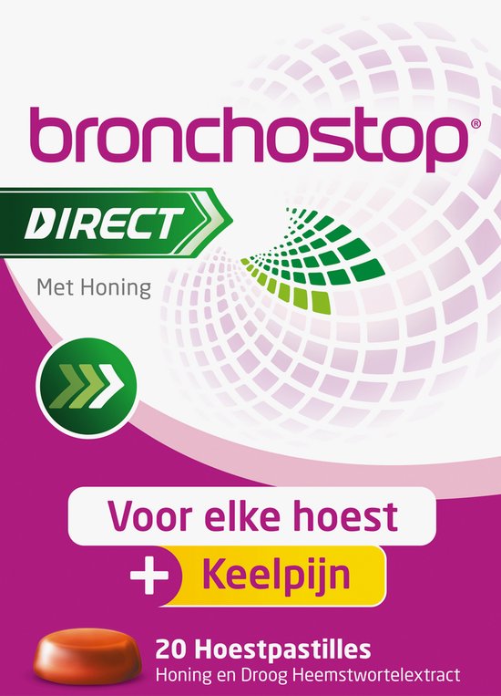 Bronchostop Direct hoestpastilles met honing. Verpakking toont een oranje pastille en de tekst "Voor elke hoest + Keelpijn".