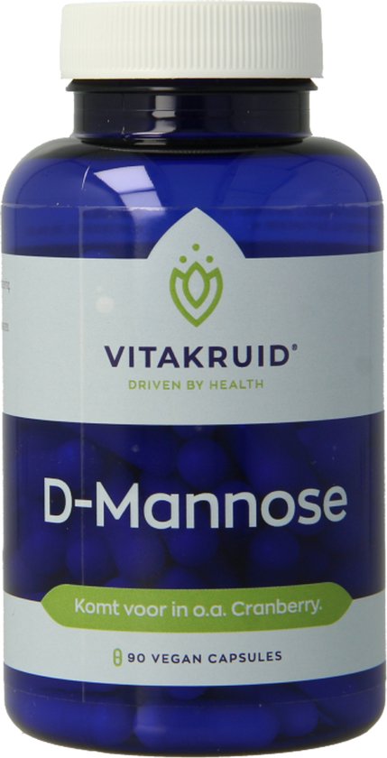 Vitakruid D-Mannose, 90 vegan capsules in blauwe pot. Bevat 500 mg D-Mannose per capsule. Komt voor in cranberry.