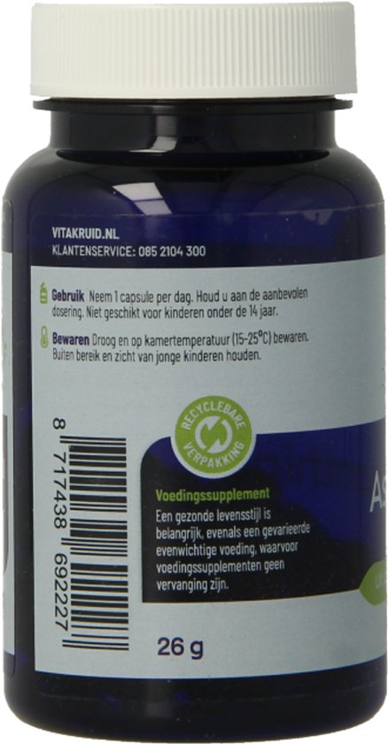 Paarse pot met 26g vegan capsules. Label met gebruiksaanwijzing en recyclebaar logo.