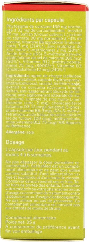 Achterkant van de verpakking met ingrediënten en dosering.