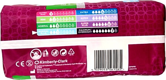 Verpakking met absorptie-indicatoren voor verschillende maten verbanden, van ultra mini tot maximum/overnight.