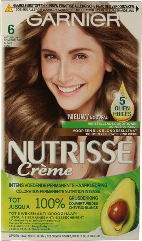 Garnier Nutrisse verpakking met model die natuurlijk donkerblond haar heeft. Er staat 'Nieuw' en '5 Oliën', en een avocado.