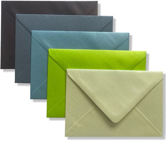 50 Enveloppes colorées - C6 - 114x162mm - 5 couleurs - Marron / Citron vert / Crème / Vert mousse / Anthracite - Métallisé - Assorti