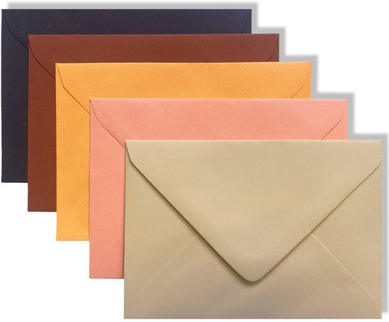 50 Enveloppes colorées - C6 - 110 x 155 mm - 5 couleurs - Marron / Sable/ Terre cuite / Oranje / Rose - Assorti