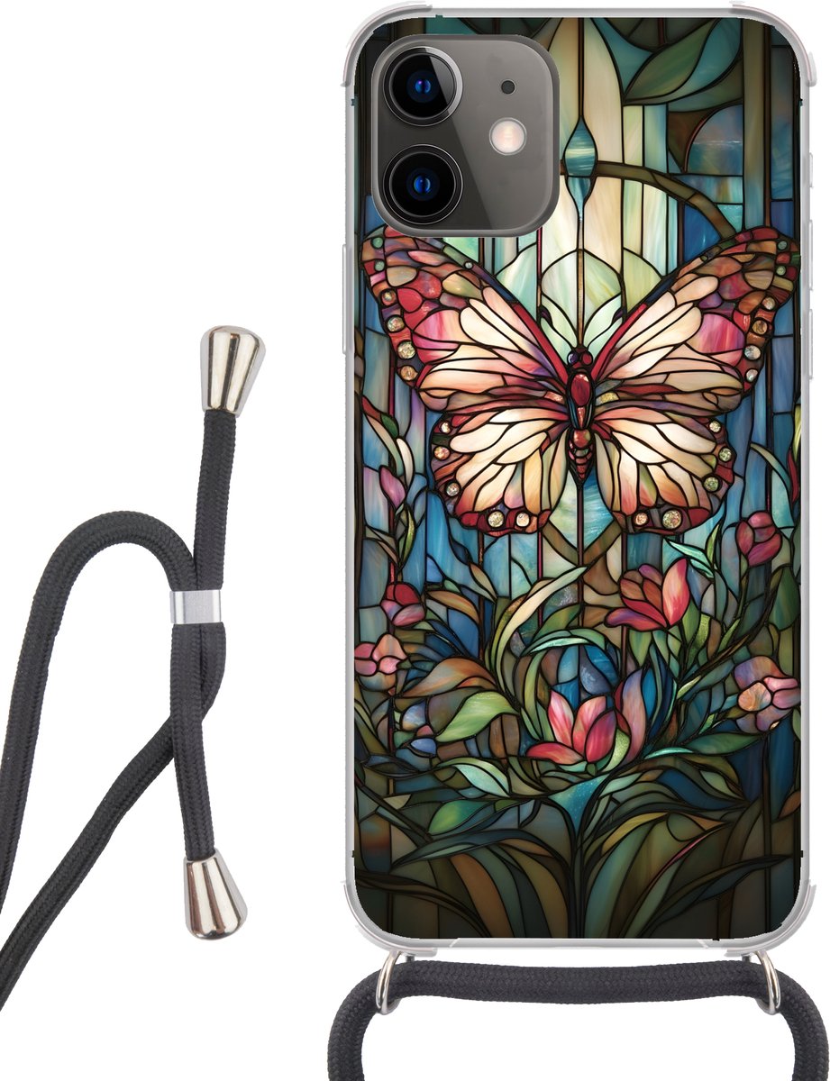 Telefoonhoesje Geschikt voor iPhone 11 - Vlinder - Roze - Bloemen - Bladeren - Siliconen - Crossbody - Backcover met Koord - Telefoonhoesje met koord - Hoesje met touw Telefoonhoesje