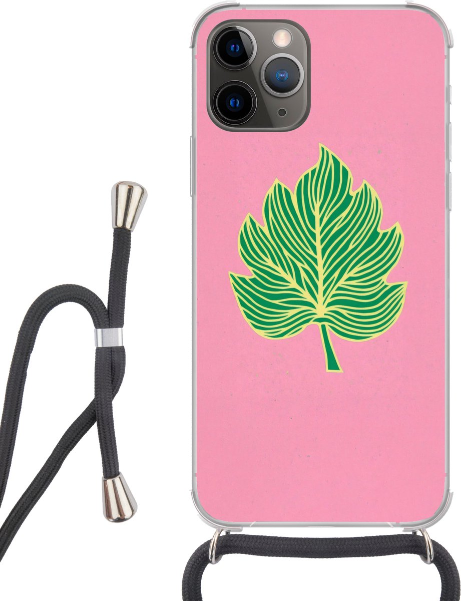 Telefoonhoesje Geschikt voor iPhone 13 Pro Max - Blad - Groen - Illustratie - Minimalistisch - Siliconen - Crossbody - Backcover met Koord - Telefoonhoesje met koord - Hoesje met touw Telefoonhoesje