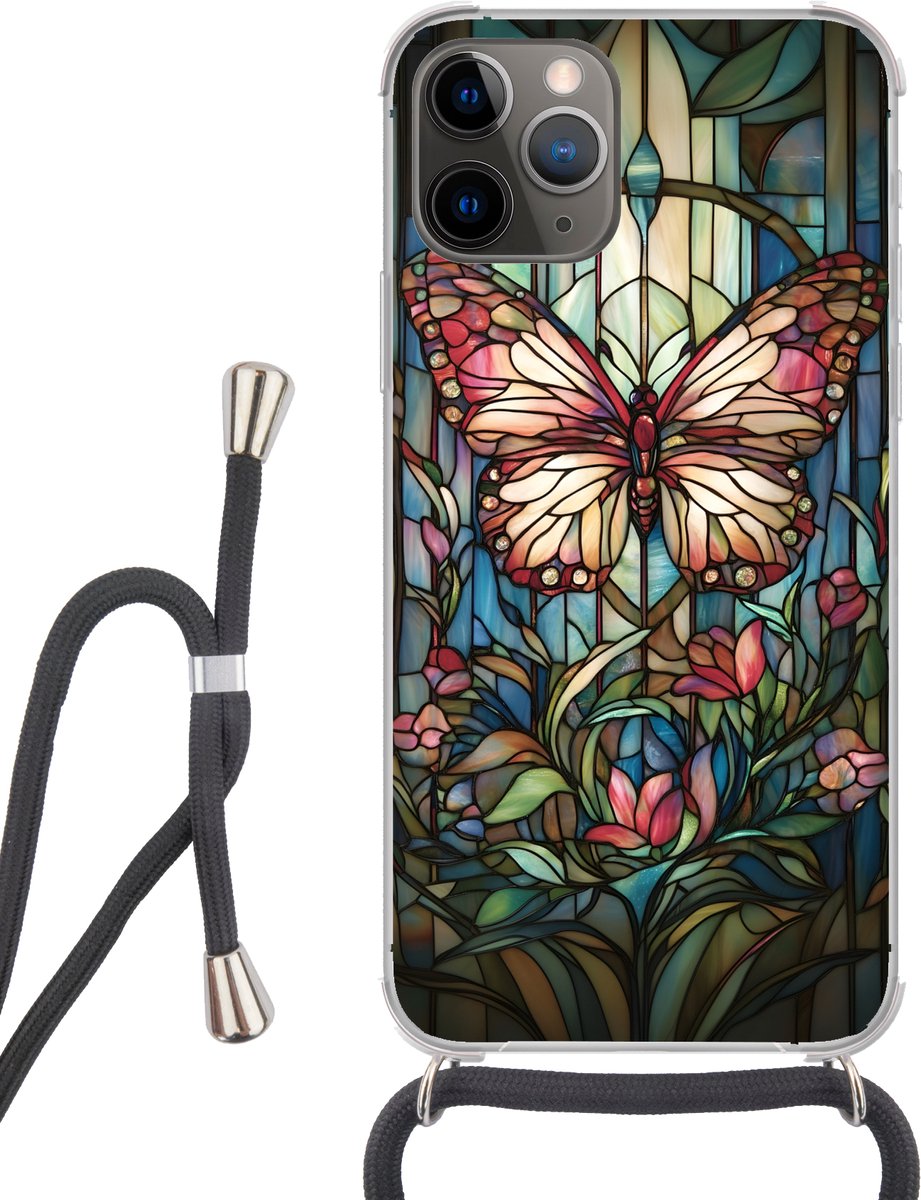 Telefoonhoesje Geschikt voor iPhone 13 Pro Max - Vlinder - Roze - Bloemen - Bladeren - Siliconen - Crossbody - Backcover met Koord - Telefoonhoesje met koord - Hoesje met touw Telefoonhoesje