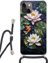 Telefoonhoesje Geschikt voor iPhone 13 - Glasstukjes - Leliebladeren - Vis - Oranje - Siliconen - Crossbody - Backcover met Koord - Telefoonhoesje met koord - Hoesje met touw Telefoonhoesje