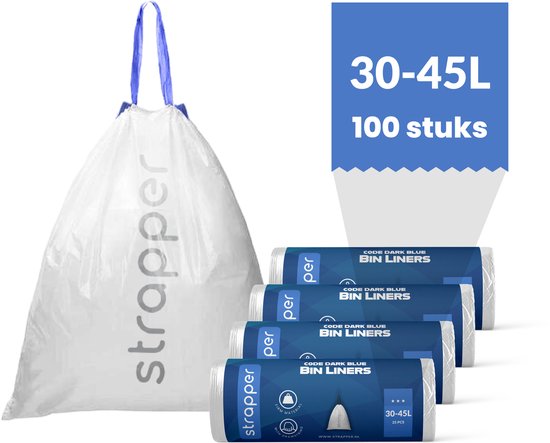 Een volle witte afvalzak met trekkoord en het logo "Strapper". Naast de zak liggen vier rollen donkerblauwe afvalzakken van 30-45L. Tekst: "30-45L 100 stuks".