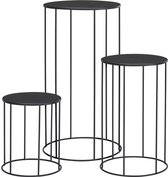 In & Out Deco plantentafels - bijzettafels - set van 3 stuks - rond - metaal zwart met zwart houten bovenblad