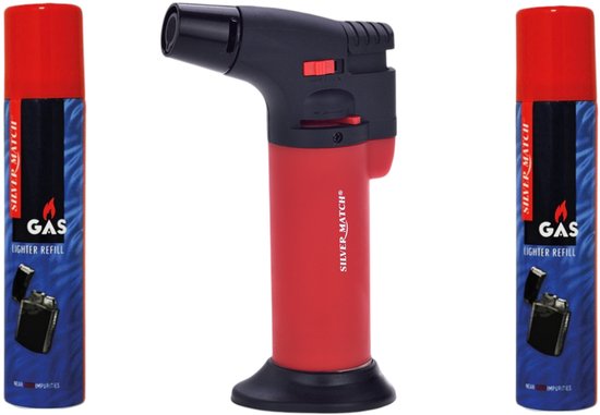 Brander à crème brûlée SilverMatch – Brûleur à gaz rechargeable – Comprend 2 bouteilles de recharge – Rouge