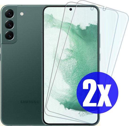 Twee screenprotectors van gehard glas voor de Samsung S22 in groen.