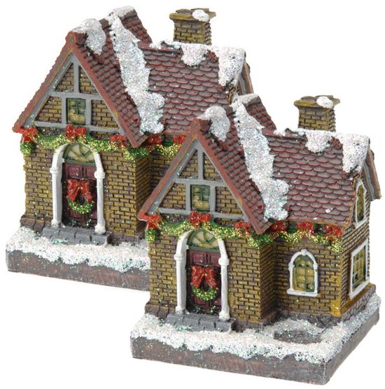Verlicht kersthuisje - 2x - gele bakstenen - polystone - 13 cm - kleur veranderende lichtjes - kerstdorp - kerstversiering
