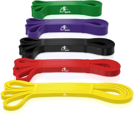 MJ Sports Premium Pull Up Bands - 5-delige Weerstandsbanden Set - 3 tot 60kg - Resistance Bands - Fitness Elastiek met 5 Verschillende Weerstanden - Weerstandselastiek - Power - Stretch - Crossfit - Calisthenics - Inclusief Draagtas