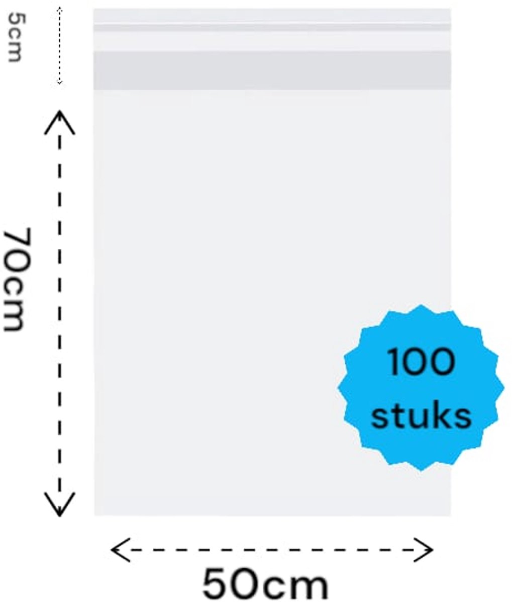 Plastic Zakje Transparant Met Plak Strip 50x70 cm (inclusief kleefstrook) - 100 transparante zakken met kleefstrip - Partij Zelfklevende Seal Zakken - OPP Plastic - Cellofaan Zakken