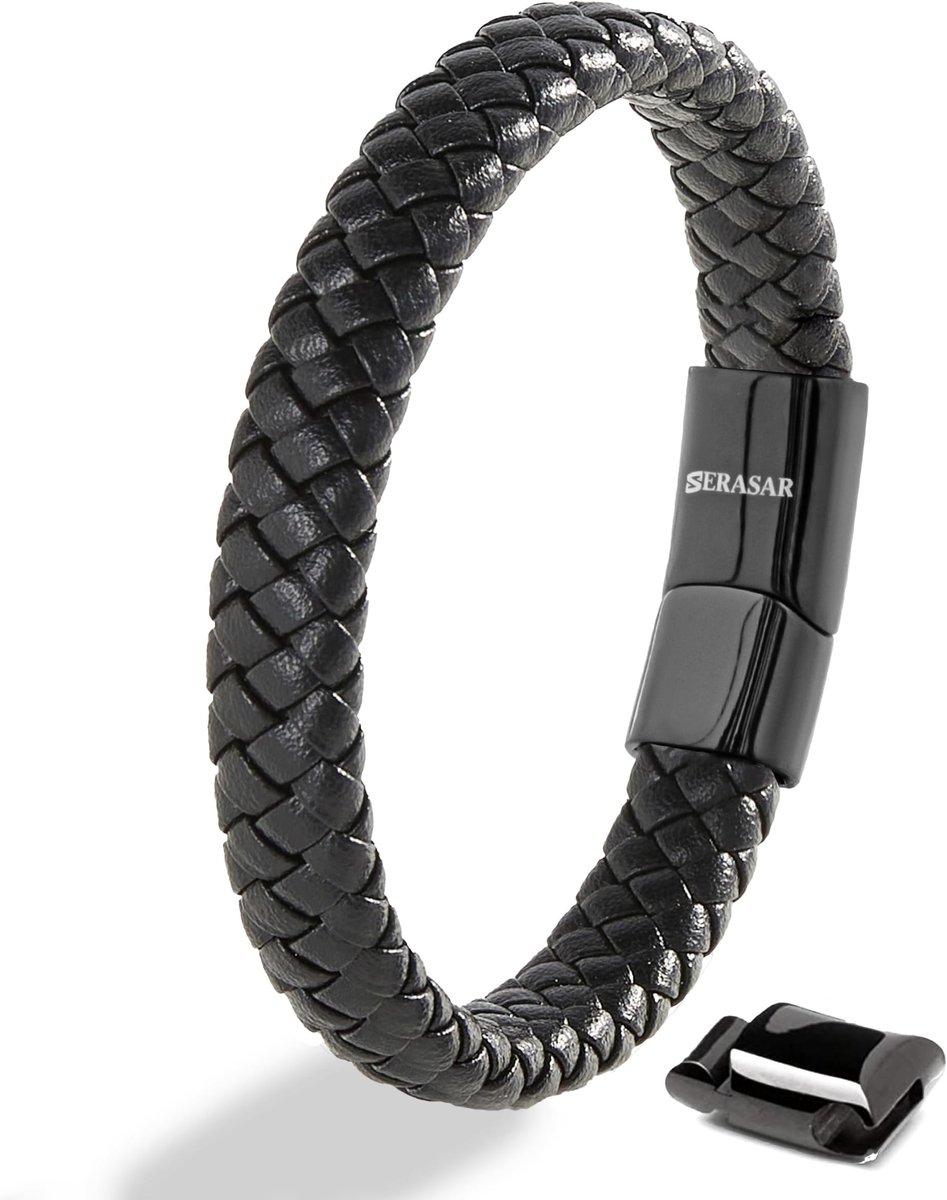 SERASAR Premium Echt Leren Armband voor Heren [Steady] Zwart, 17 cm, Magnetische Sluiting van Roestvrij Staal, Inclusief geschenkdoos