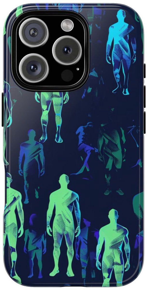 Blauw-Groene Neon Figurenpatroon – Telefoonhoesje Geschikt voor iPhone 16 Pro