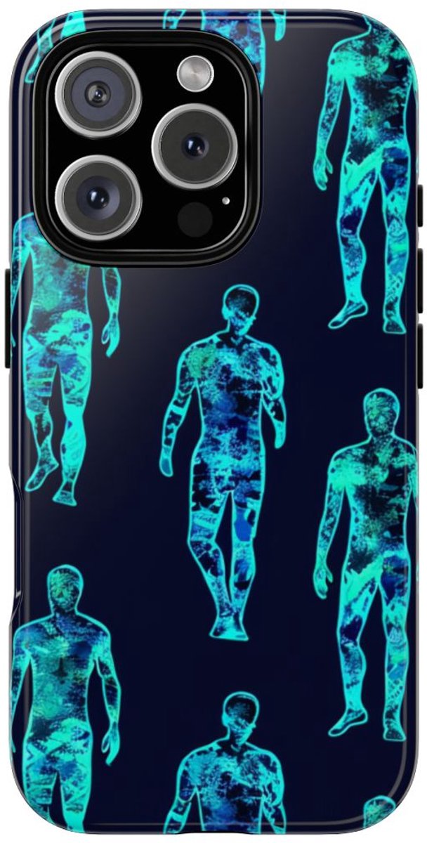 Blauw-Groene Neon Mensfiguren Patroon – Telefoonhoesje Geschikt voor iPhone 16 Pro