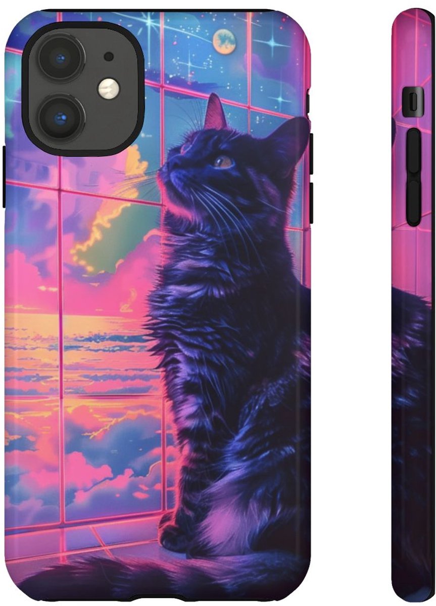 Lofi Vaporwave Kat met Neonlucht – Telefoonhoesje Geschikt voor iPhone 11