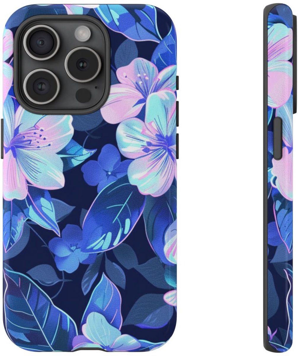 Blauw-Roze Bloemenpatroon – Telefoonhoesje Geschikt voor iPhone 15 Pro