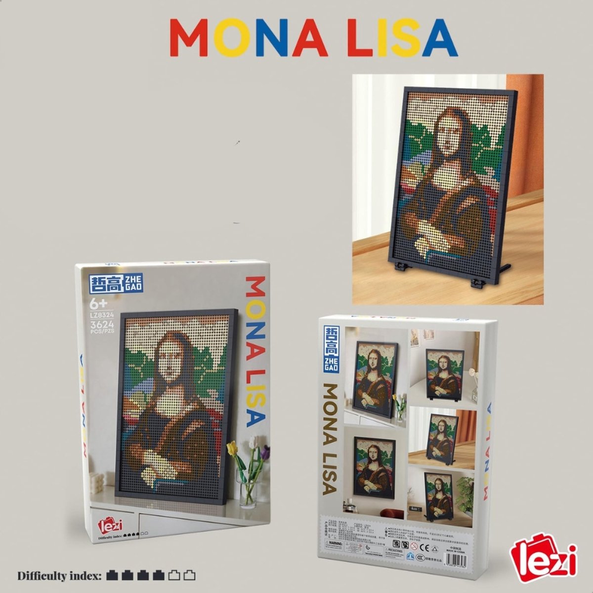 Zhe Gao - Mona Lisa schilderij bouwset | Wall pixel art model kit | Mozaiek diamond painting fotolijst | Classic Creator STEM speelgoed | Niet compatibel met lego mould king mega | Icons kunst modelbouw voor volwassenen & kinderen | 3624 bloks — afbeelding 4