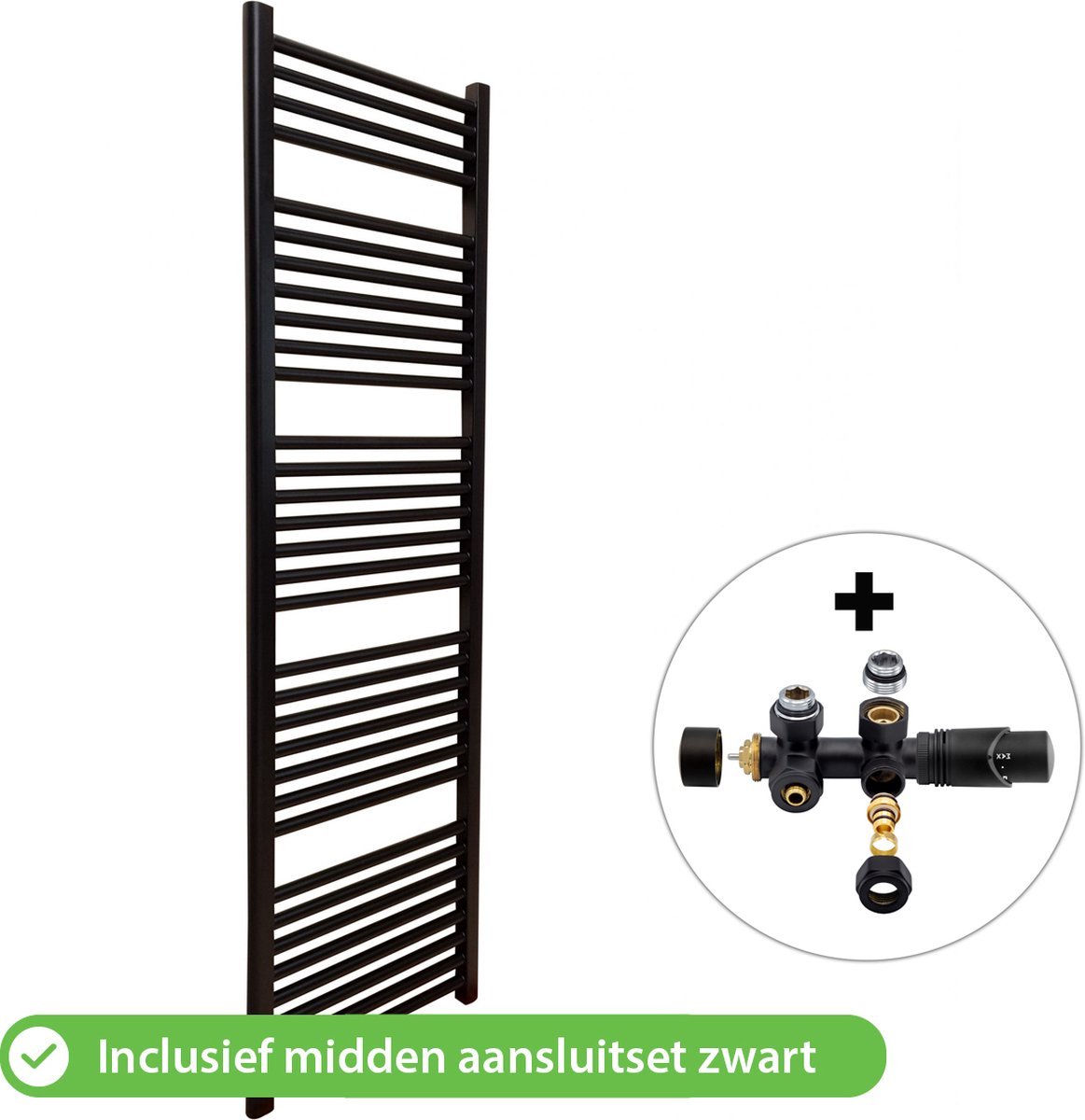 Handdoekradiator Badkamer met Aansluit Set en Thermostaat - Radiator - 1600 × 500 mm - Mat Zwart