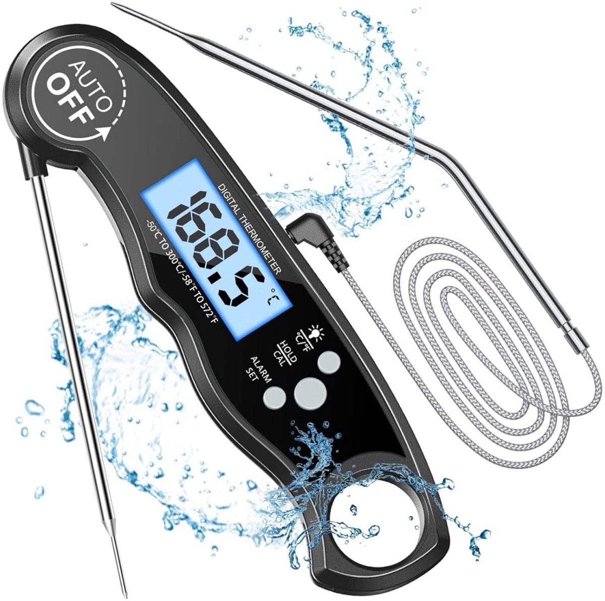 EXCITAT Digitale vleesthermometer - Direct afleesbaar - Grillthermometer - Externe sonde met 2 lange sondes en magneet - Alarmfunctie - Kan worden gebruikt bij grillen, thuisbrouwen en in de oven
