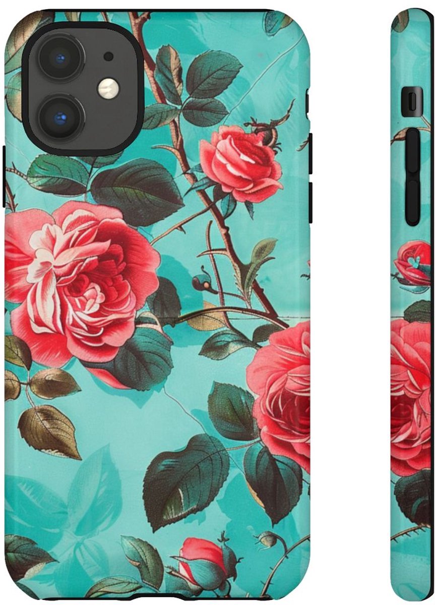 Rode Rozen op Turquoise Achtergrond – Telefoonhoesje Geschikt voor iPhone 11