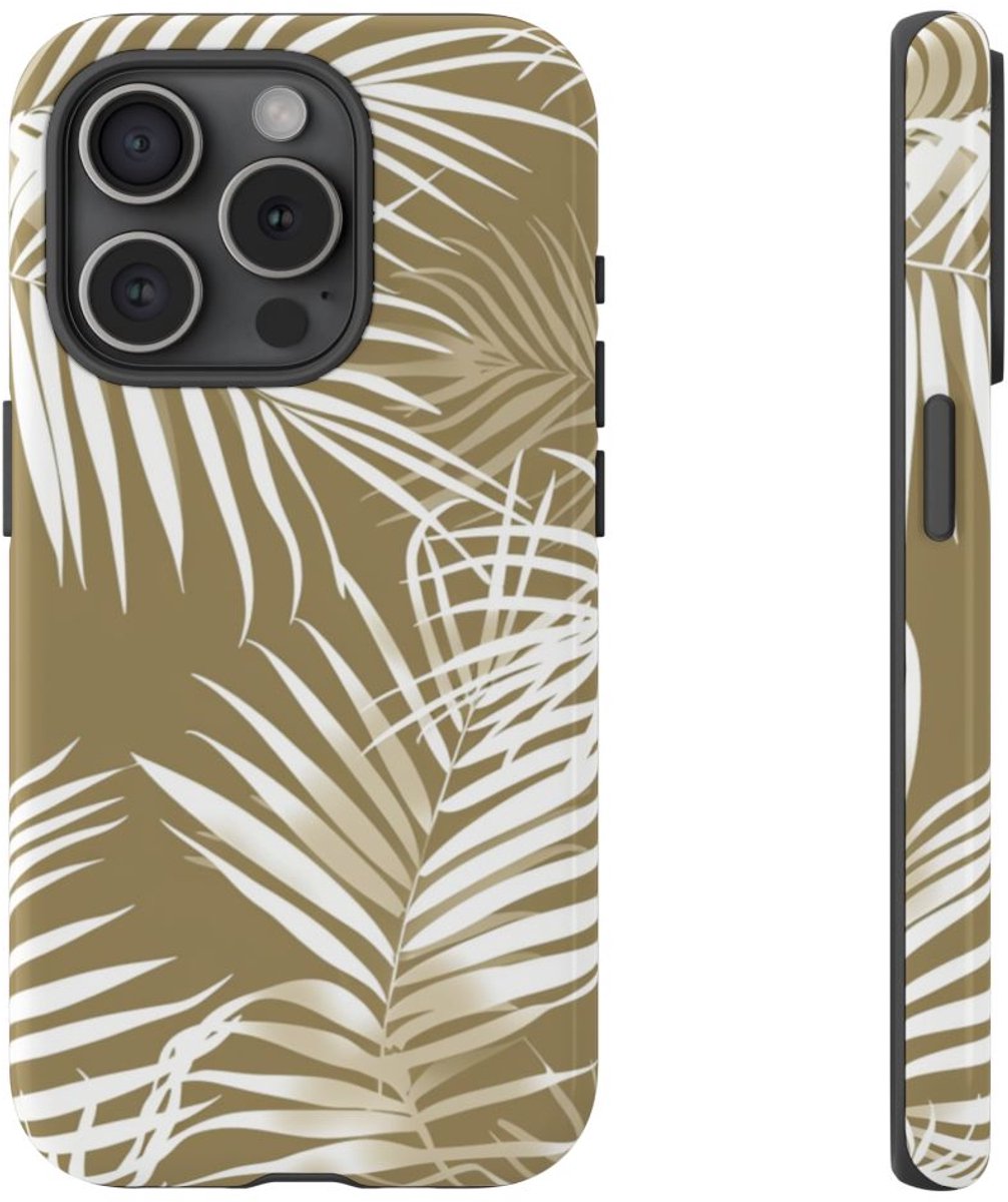 Witte Palmbladeren op Khaki Achtergrond – Telefoonhoesje Geschikt voor iPhone 15 Pro