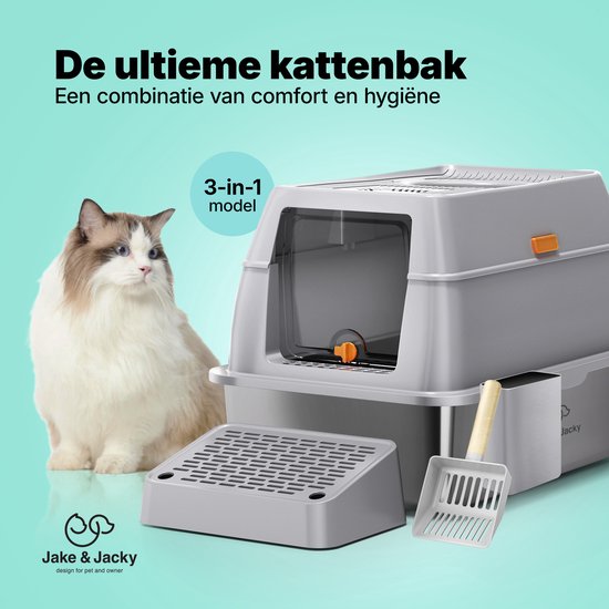 Grijze Jake & Jacky top entry kattenbak met opstapje en schep. Een Ragdoll kat zit ernaast. Tekst 'De ultieme kattenbak 3-in-1 model'.