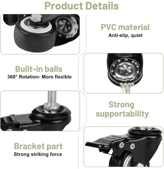 LALAGO Wheels with brake, M8 x 25 mm, castors for furniture (2 with brake + 2 swivel), 40 mm furniture wheels with brake, castors with brake, castors with thread, load capacity 50 kg per wheel van LALAGO — afbeelding 2