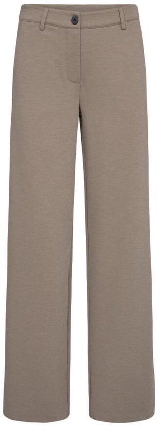 Bruine wijde broek met knopen en riemlussen, van voren gezien.