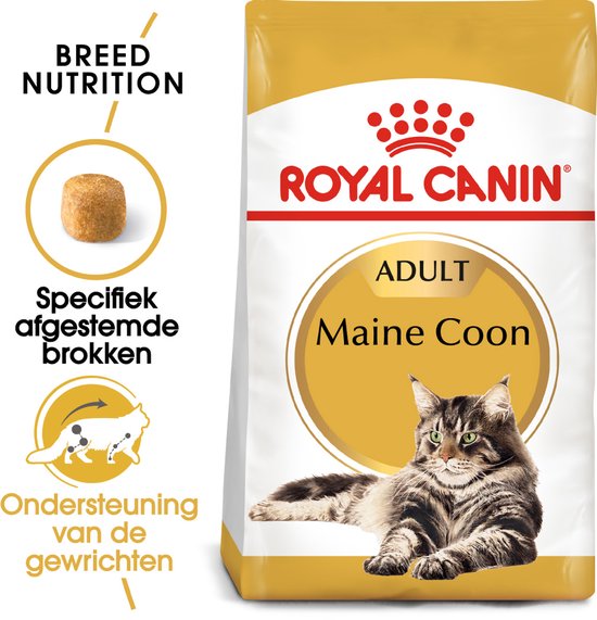 Een zak Royal Canin Maine Coon adult kattenvoer met op de voorkant een Maine Coon kat en beschrijvingen van brokken en gewrichten.