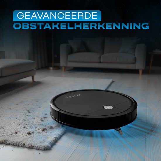 Zwarte robotstofzuiger rijdt over een vloerkleed met vuil, met blauwe laser voor geavanceerde obstakelherkenning.