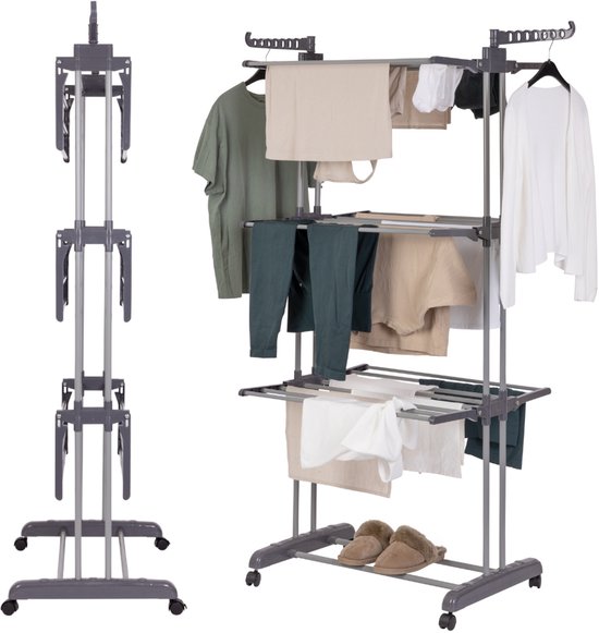 Jubbly® - Wasrek inklapbaar - Droogrek inklapbaar - Droogtoren met wieltjes - Wasrek staand - 30 Meter drooglengte - 35 Kilo draagkracht - Binnen als buiten gebruik - Grijs