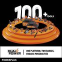 Veel Powerplus gereedschappen op een podium. Twee accu's op de voorgrond. Tekst: '100+ TOOLS'.