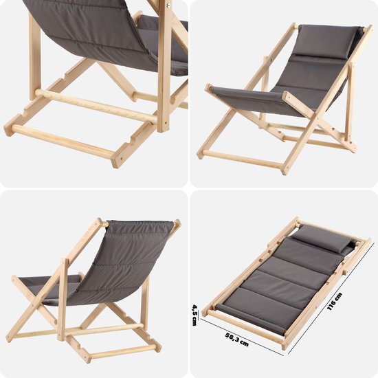 KADAX Ligstoel, strandstoel van hout, zonnebed tot 120 kg, ligstoel van beukenhout, houten klapstoelen, strandstoel, klapstoel voor strand, houten ligstoel (met hoofdsteun, grijs) van KADAX — afbeelding 4