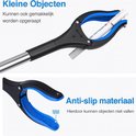 Grijper raapt kleine objecten op met anti-slip materiaal om vallen te voorkomen. Blauwe grijperklemmen.