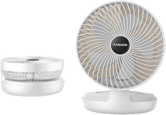 Kleine draadloze USB tafelventilator opvouwbaar 90° met haak, stille 3 snelheden, wandmontage, draagbaar wit