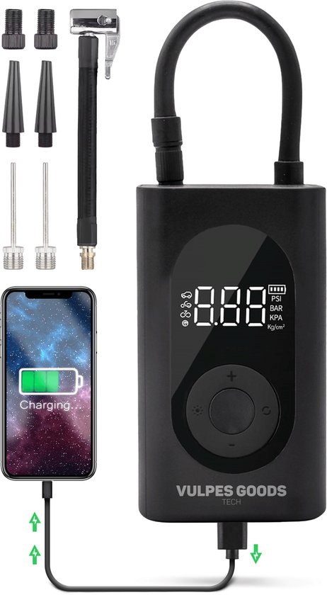 Vulpes Goods® Tech - Draagbare Compressor Bandenpomp - 6400mAh - Elektrische Fietspomp - Luchtcompressor voor Auto, Scooter, Fiets, Bal en Luchtbed - Incl. 7 opzetstukken - Zaklamp - Powerbank - PRO