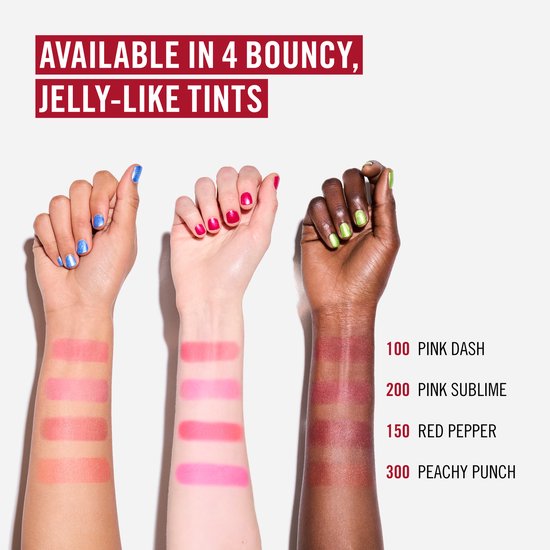 Drie armen met verschillende huidtinten tonen swatches van Rimmel Multi Tasker Jelly Crush in de tinten 100 Pink Dash, 200 Pink Sublime, 150 Red Pepper en 300 Peachy Punch.