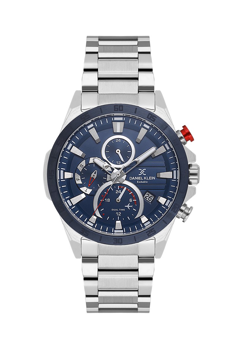 Daniel Klein DK.1.13992-2 - Horloge - Polshorloge - Analoog - Mannen - Heren - Stalen band - Rond - Metaal - Streepjes - Datumaanduiding - Dagaanduiding - Dual Time - Zilverkleurig - Donkerblauw - Wit - Rood