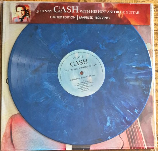 Johnny Cash's 'With His Hot and Blue Guitar!' LP, Limited Edition Marbled 180g vinyl in blauw en wit.