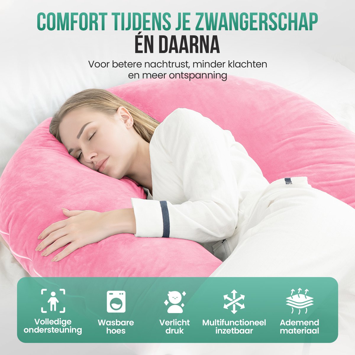 Avalo Zwangerschapskussen XXL 280 cm - U-Vorm Voedingskussen & Zijslaapkussen - Body Pillow - Lichaamskussen - Roze – foto 3