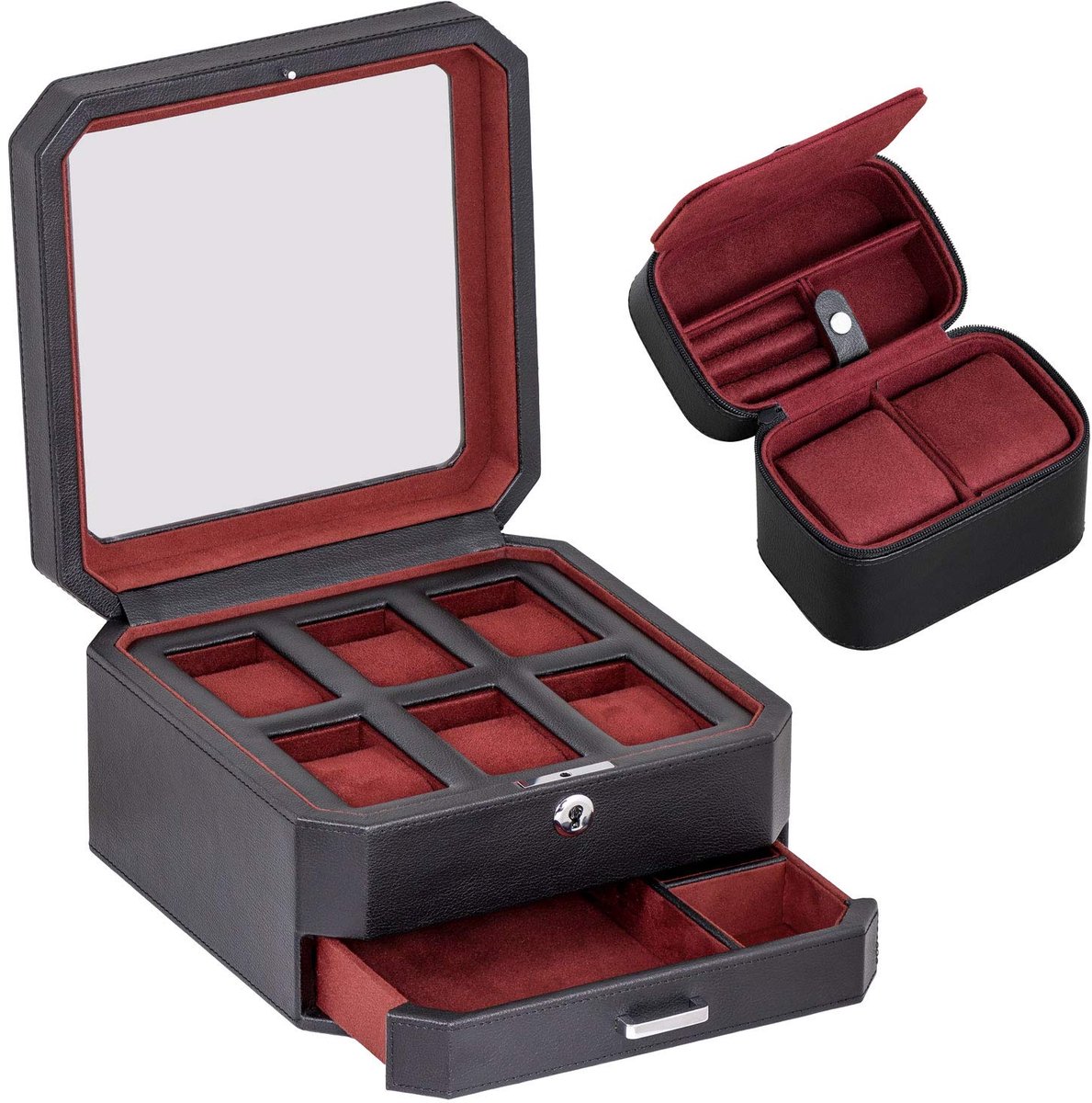 ROTHWELL Cadeauset met 6 leren compartimenten en 2 horlogereiskoffers - Luxe horlogekastorganizer, microsuède voering, afsluitbare sieradenhouder voor heren, opbergdozen met glazen bovenkant, zwart-rood